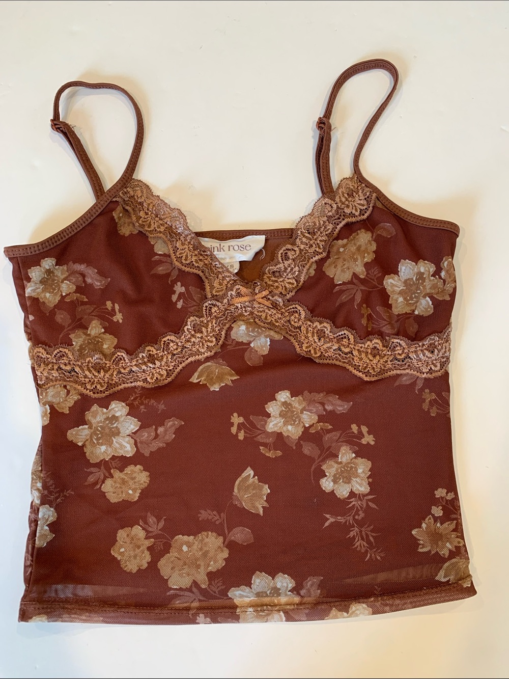 Pink Rose Women’s XS Extra Small Brown Floral Lace Trim Mesh Cropped Cami Top